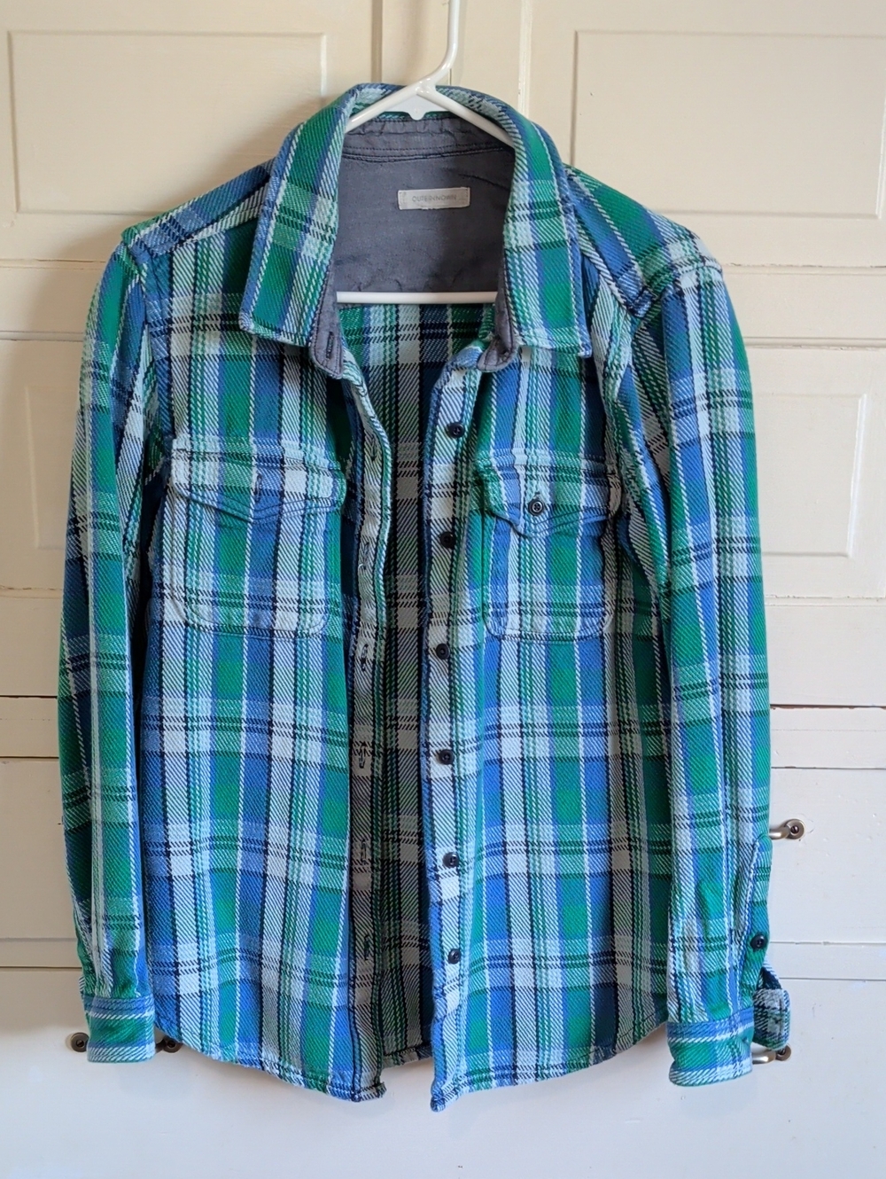 Outerknown Blue and Green Plaid Button-Up Shirt